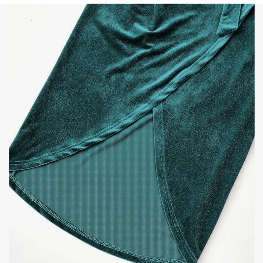 Merokeety Women's Emerald One Shoulder Velvet Wrap Slit Midi Dress NWT Size L - Picture 9 of 15